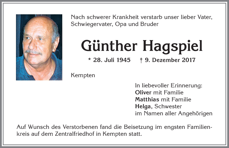 Traueranzeige von Günther Hagspiel von Allgäuer Zeitung,Kempten