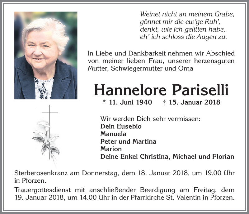 Traueranzeige von Hannelore Pariselli von Allgäuer Zeitung, Kaufbeuren/Buchloe