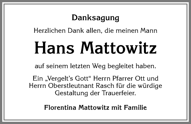 Traueranzeige von Hans Mattowitz von Allgäuer Zeitung,Kempten