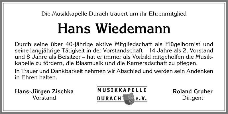 Traueranzeige von Hans Wiedemann von Allgäuer Zeitung,Kempten