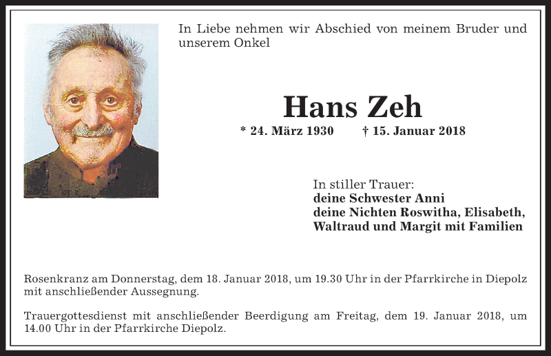 Traueranzeige von Hans Zeh von Allgäuer Anzeigeblatt
