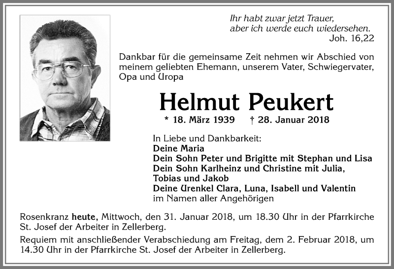 Traueranzeige von Helmut Peukert von Allgäuer Zeitung, Kaufbeuren/Buchloe