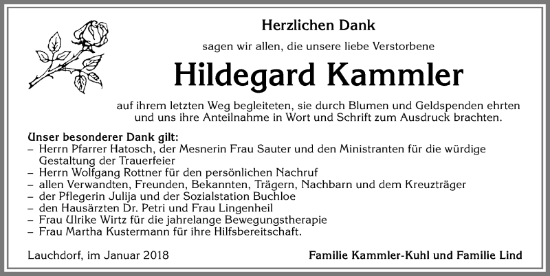 Traueranzeige von Hildegard Kammler von Allgäuer Zeitung, Kaufbeuren/Buchloe