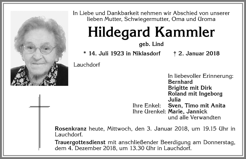 Traueranzeige von Hildegard Kammler von Allgäuer Zeitung, Kaufbeuren/Buchloe