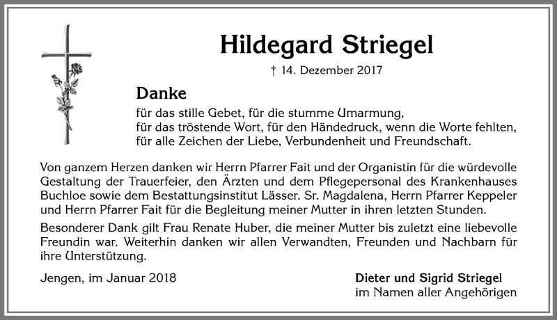 Traueranzeige von Hildegard Striegel von Allgäuer Zeitung, Kaufbeuren/Buchloe