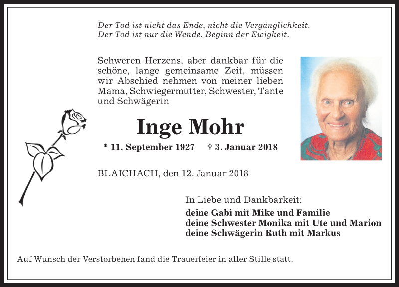 Traueranzeige von Inge Mohr von Allgäuer Anzeigeblatt