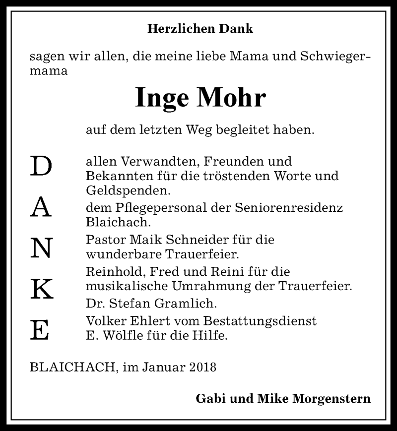 Traueranzeige von Inge Mohr von Allgäuer Anzeigeblatt