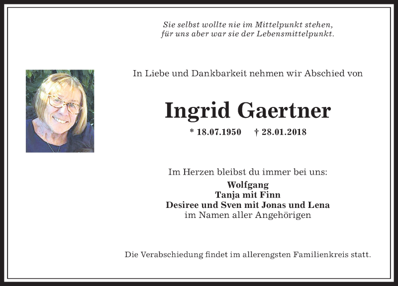 Traueranzeige von Ingrid Gaertner von Allgäuer Anzeigeblatt