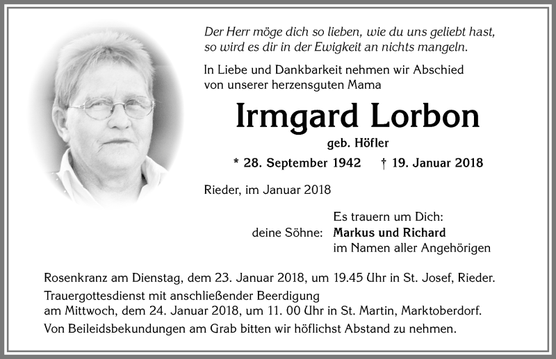 Traueranzeige von Irmgard Lorbon von Allgäuer Zeitung, Marktoberdorf