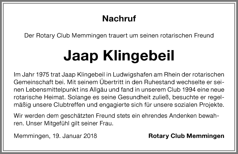 Traueranzeige von Jaap Klingebeil von Memminger Zeitung