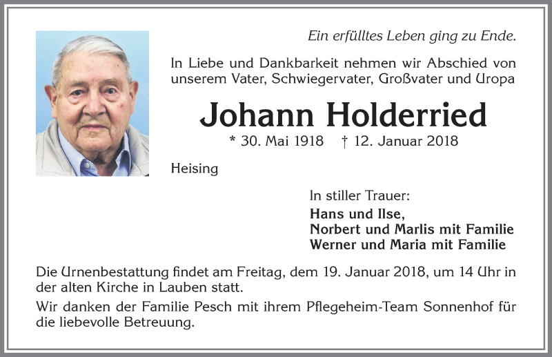 Traueranzeige von Johann Holderried von Allgäuer Zeitung,Kempten