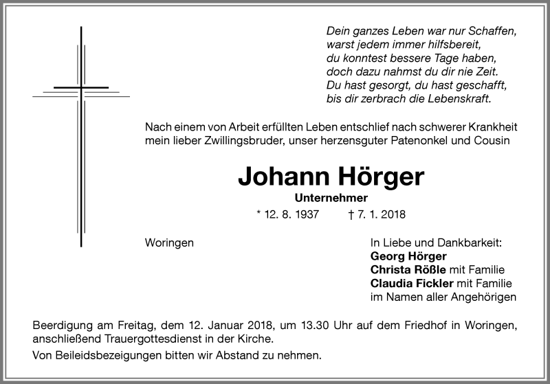 Traueranzeige von Johann Hörger von Memminger Zeitung