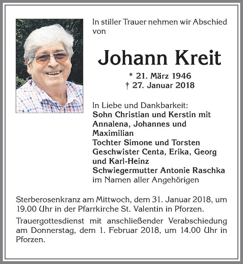 Traueranzeige von Johann Kreit von Allgäuer Zeitung, Kaufbeuren/Buchloe