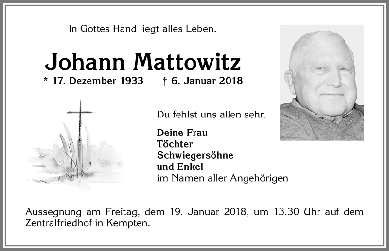 Traueranzeige von Johann Mattowitz von Allgäuer Zeitung,Kempten