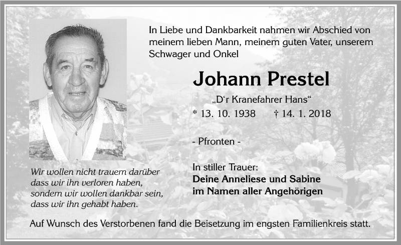 Traueranzeige von Johann Prestel von Allgäuer Zeitung, Füssen