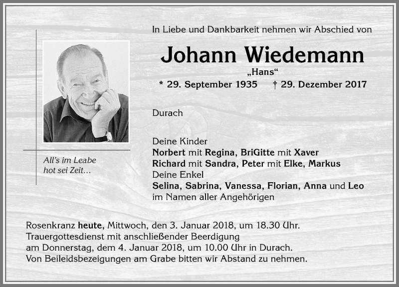 Traueranzeige von Johann Wiedemann von Allgäuer Zeitung,Kempten