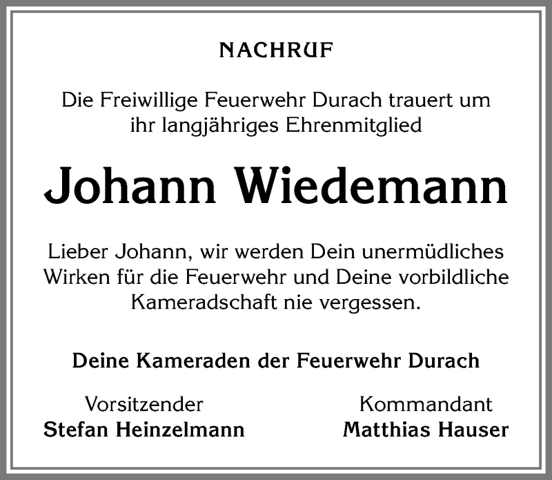 Traueranzeige von Johann Wiedemann von Allgäuer Zeitung,Kempten