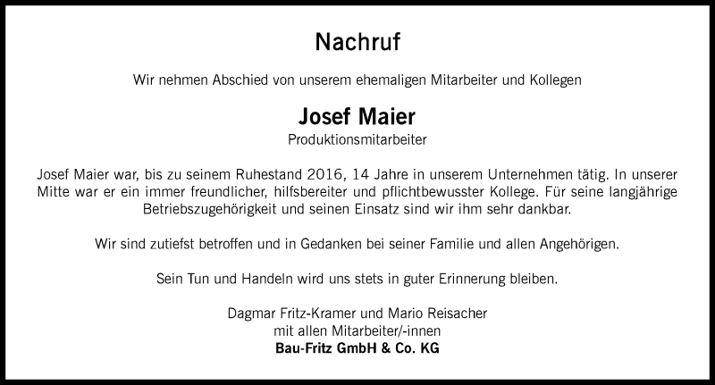 Traueranzeige von Josef Maier von Memminger Zeitung