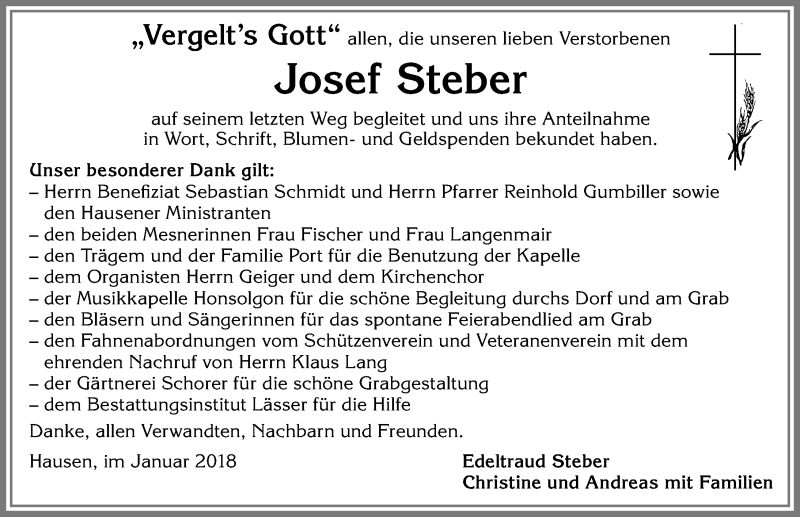 Traueranzeige von Josef Steber von Allgäuer Zeitung, Kaufbeuren/Buchloe