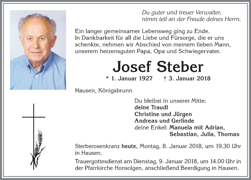 Traueranzeige von Josef Steber von Allgäuer Zeitung, Kaufbeuren/Buchloe