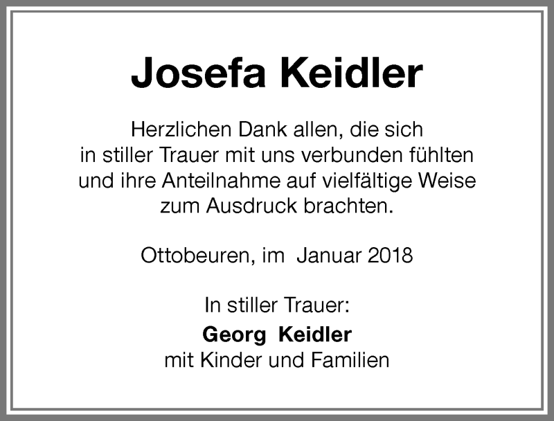 Traueranzeige von Josefa Keidler von Memminger Zeitung