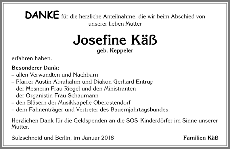 Traueranzeige von Josefine Käß von Allgäuer Zeitung, Kaufbeuren/Buchloe