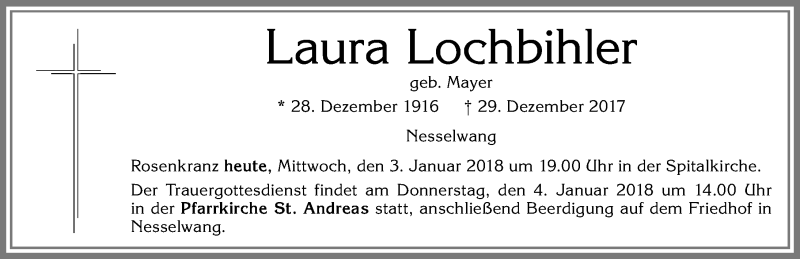 Traueranzeige von Laura Lochbihler von Allgäuer Zeitung, Füssen