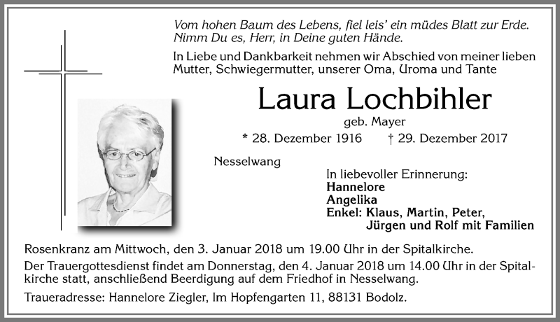 Traueranzeige von Laura Lochbihler von Allgäuer Zeitung, Füssen