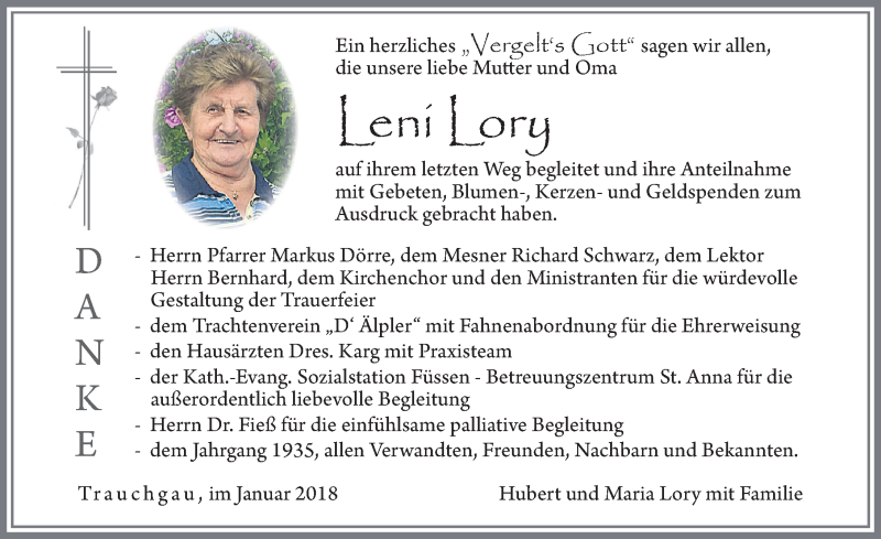 Traueranzeige von Leni Lory von Allgäuer Zeitung, Füssen