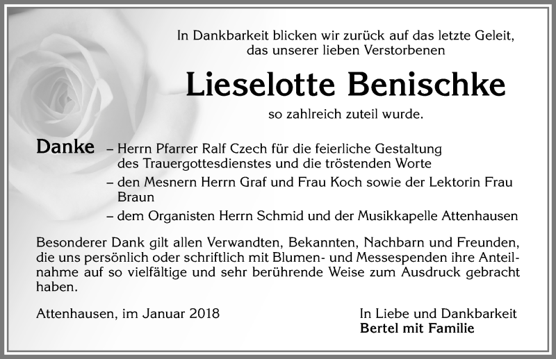 Traueranzeige von Lieselotte Benischke von Memminger Zeitung