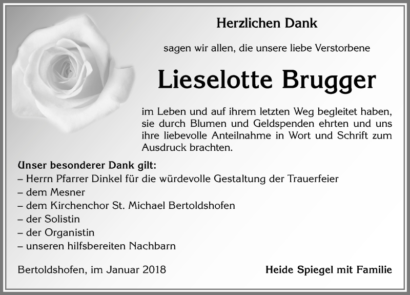Traueranzeige von Lieselotte Brugger von Allgäuer Zeitung, Marktoberdorf