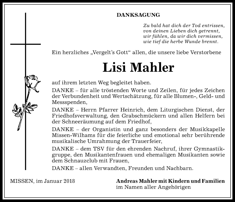 Traueranzeige von Lisi Mahler von Allgäuer Anzeigeblatt