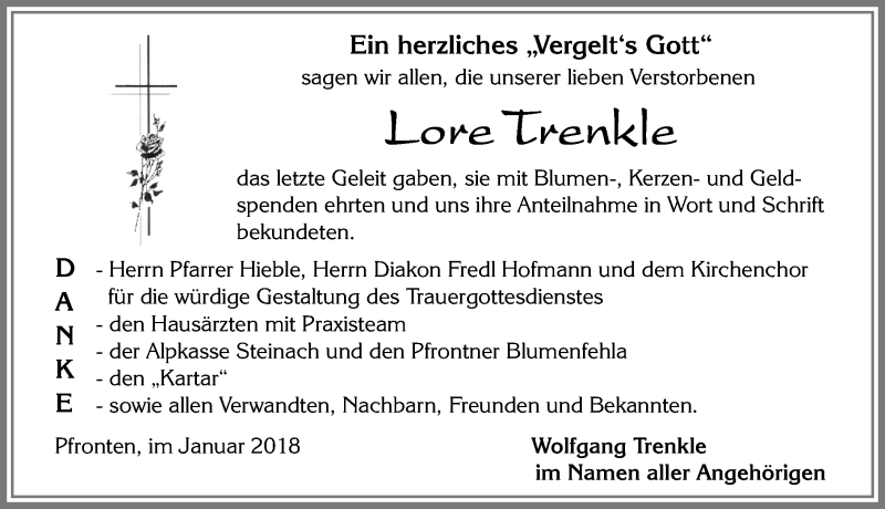 Traueranzeige von Lore Trenkle von Allgäuer Zeitung, Füssen