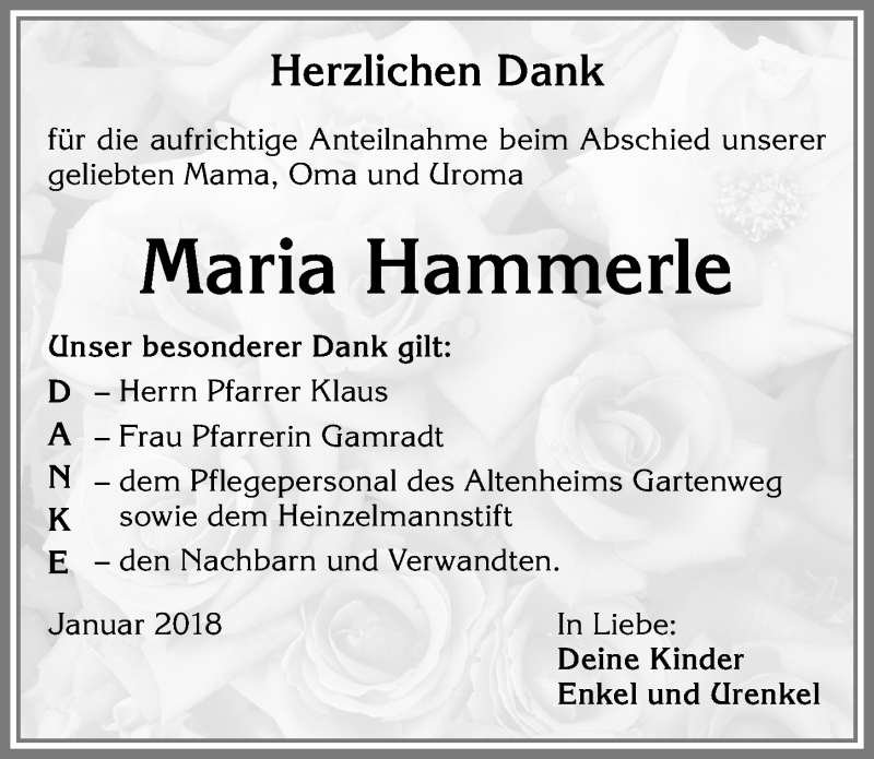 Traueranzeige von Maria Hammerle von Allgäuer Zeitung, Kaufbeuren/Buchloe