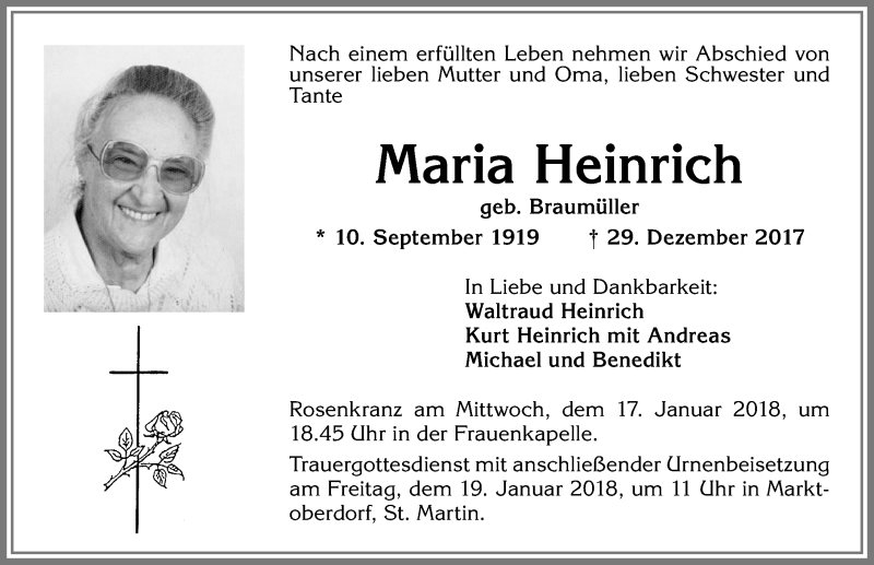 Traueranzeige von Maria Heinrich von Allgäuer Zeitung, Marktoberdorf