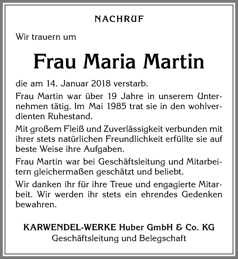 Traueranzeige von Maria Martin von Allgäuer Zeitung, Kaufbeuren/Buchloe