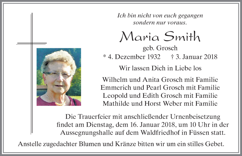 Traueranzeige von Maria Smith von Allgäuer Zeitung, Füssen