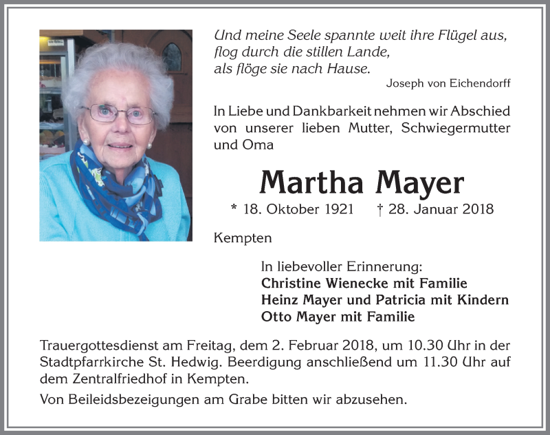 Traueranzeige von Martha Mayer von Allgäuer Zeitung,Kempten
