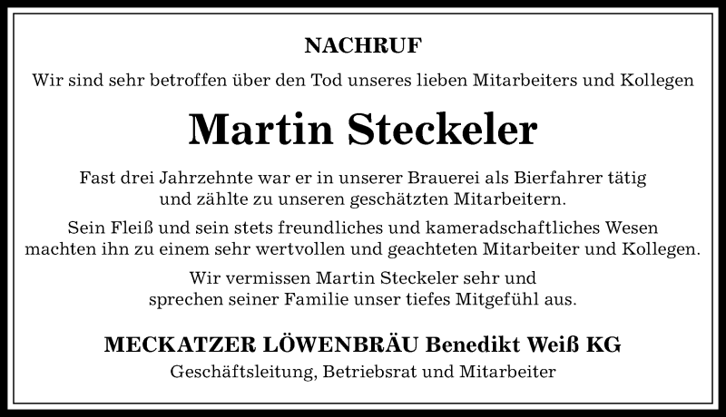 Traueranzeige von Martin Steckeler von Der Westallgäuer