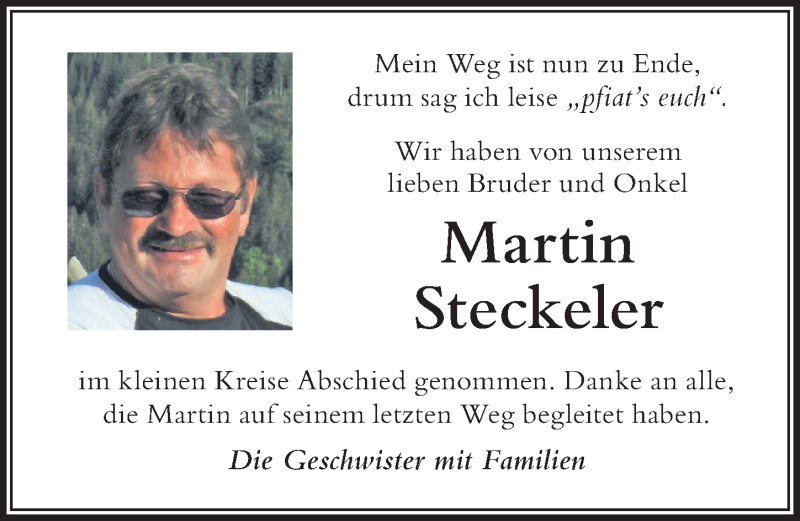 Traueranzeige von Martin Steckeler von Der Westallgäuer