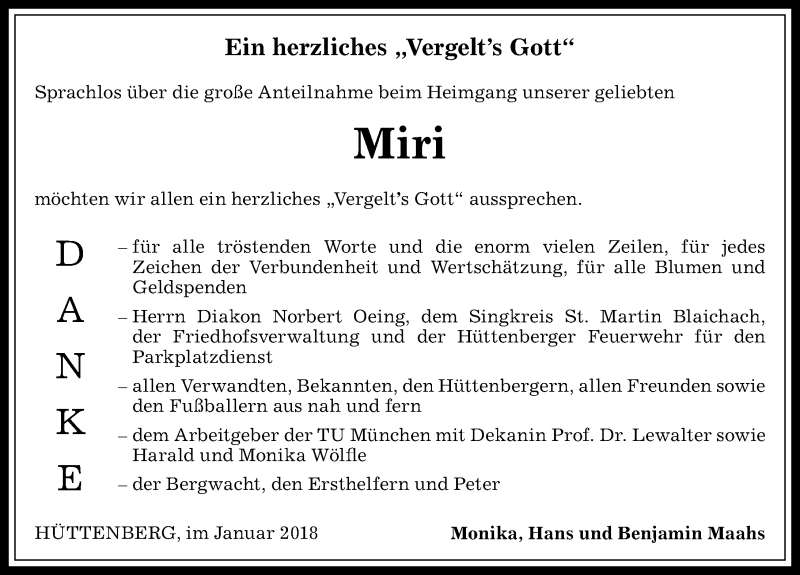 Traueranzeige von Miri  von Allgäuer Anzeigeblatt