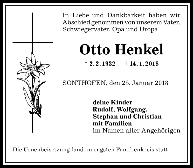 Traueranzeige von Otto Henkel von Allgäuer Anzeigeblatt