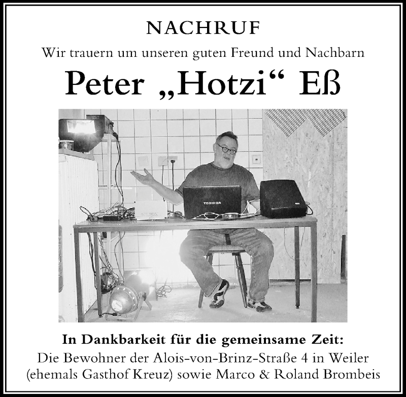 Traueranzeige von Peter Hotzi Eß von Der Westallgäuer