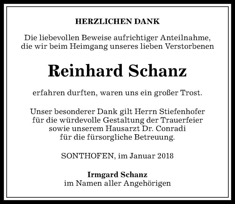 Traueranzeige von Reinhard Schanz von Allgäuer Anzeigeblatt