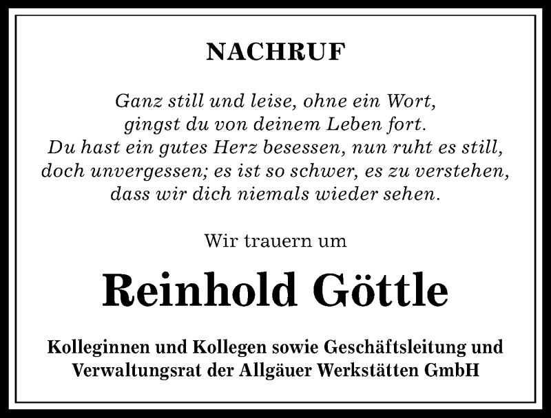 Traueranzeige von Reinhold Göttle von Allgäuer Zeitung,Kempten