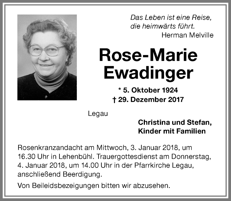 Traueranzeige von Rose-Marie Ewadinger von Memminger Zeitung