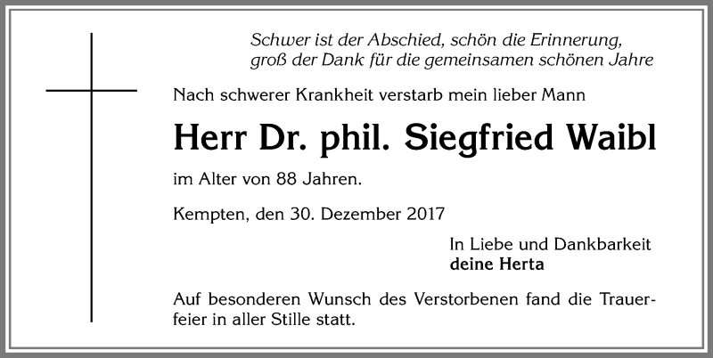 Traueranzeige von Siegfried Waibl von Allgäuer Zeitung,Kempten