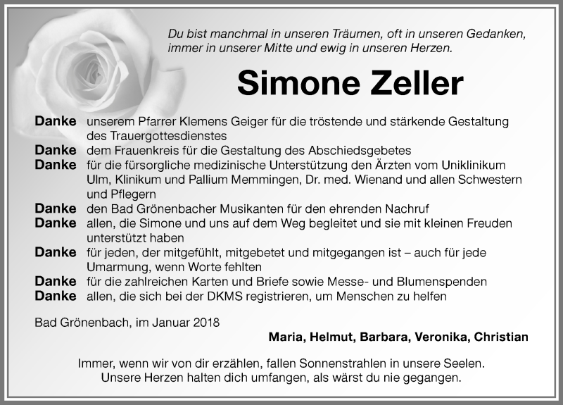 Traueranzeige von Simone Zeller von Memminger Zeitung