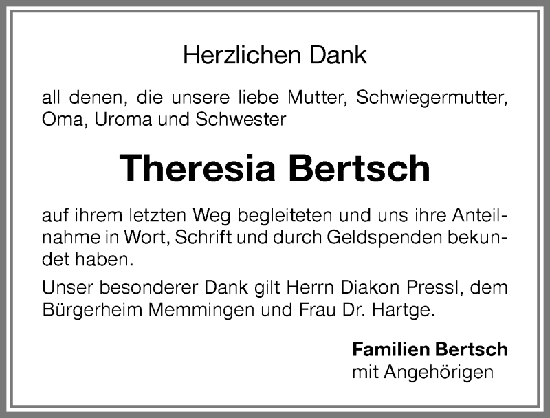 Traueranzeige von Theresia Bertsch von Memminger Zeitung