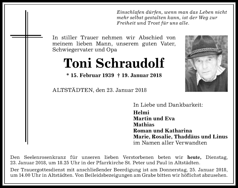 Traueranzeige von Toni Schraudolf von Allgäuer Anzeigeblatt
